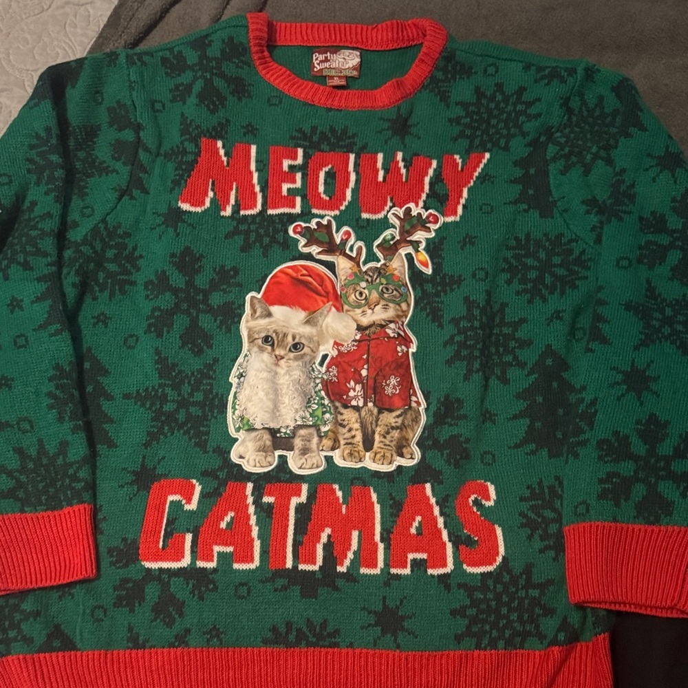 UGLY Christmas Sweater 
Catmas Green and Red Sweater